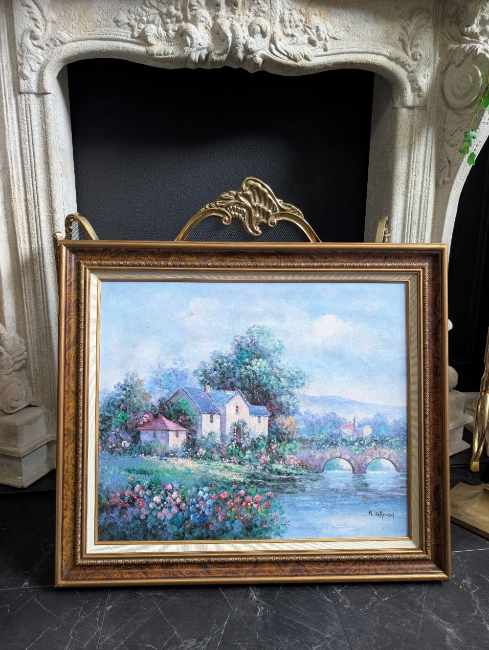 Vintage Large Impressionist Oil Painting, cottage by a bridge, signed, wood Gold